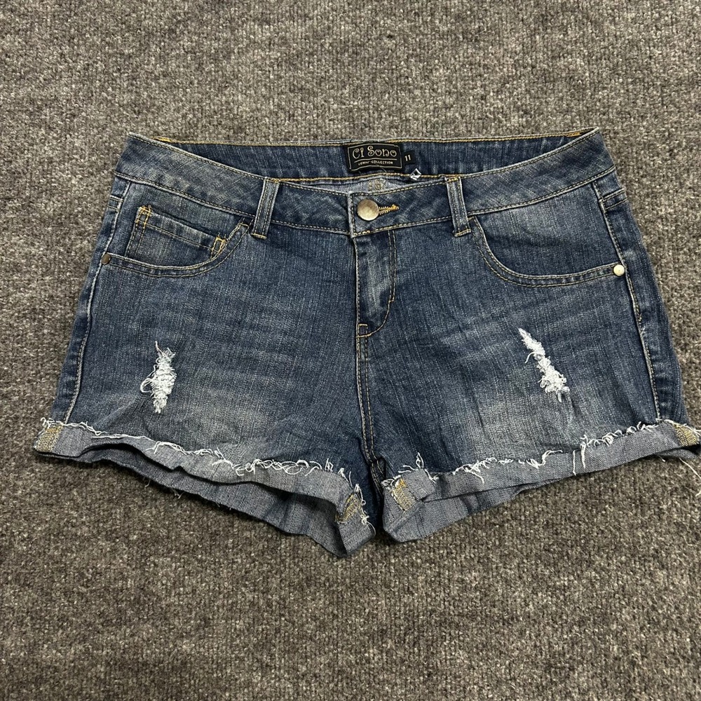 Ci Sono Denim Shorts Womens Size 11 Blue Distressed Raw Hem Cuffed Stretch